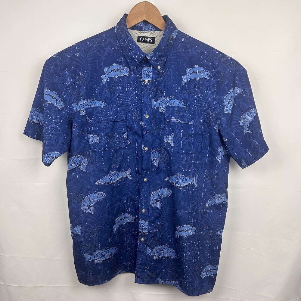 Chaps Men's Blue Fish Pattern Polyester Short Sle… - image 6
